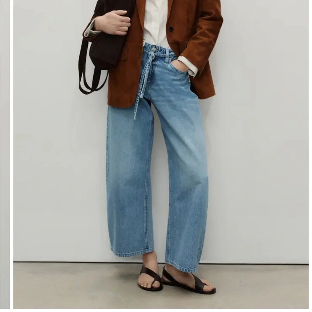 Mango Tie Waist Wide leg jeans Light Blue Denim with Zip Fly size 6 - Picture 9 of 12